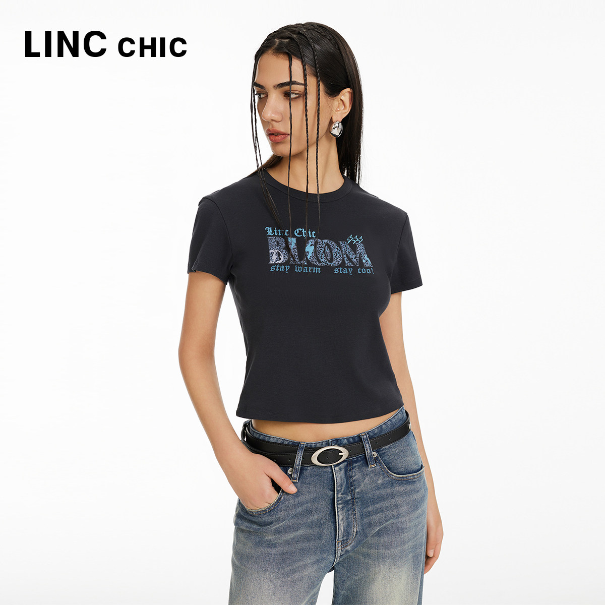 LINCCHIC金羽杰2024年夏季新品摩登复古截短修身T恤女S242TS255Y