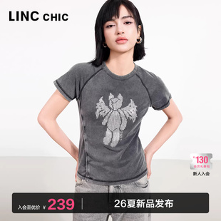 印花短袖 新款 重工做旧感圆领T恤女上衣K216Y 夏季 LINC金羽杰半袖