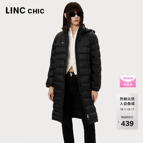 LINC金羽杰羽绒服女连帽防护感轻薄羽绒服女长款外套户外8176
