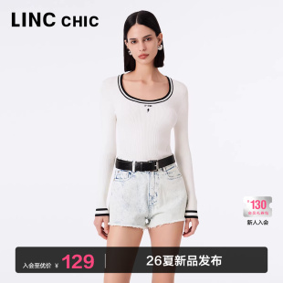 打底衫 上衣女法式 女内搭459Y 肌理感修身 LINC金羽杰U领针织衫