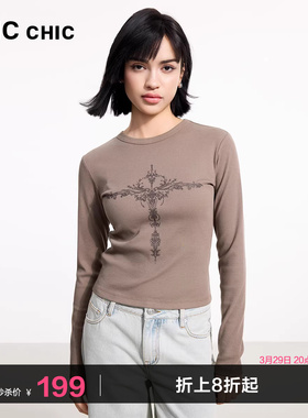 LINC金羽杰上衣女新款T恤女圆领印花修身长袖白色内搭FK077Y