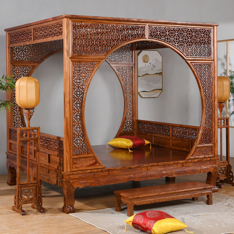 实木仿古新中式红木南榆木雕花千工月洞床架子床拔步踏步床双人床