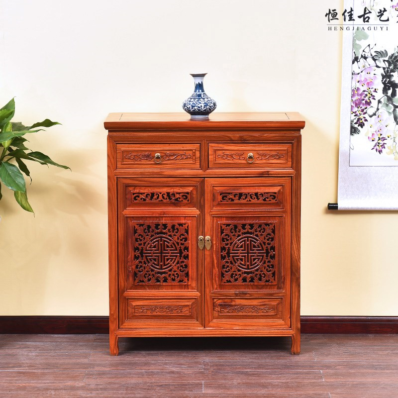 全实木明清仿古中式红木南榆木家具储物柜两门两抽鞋柜供桌餐边柜