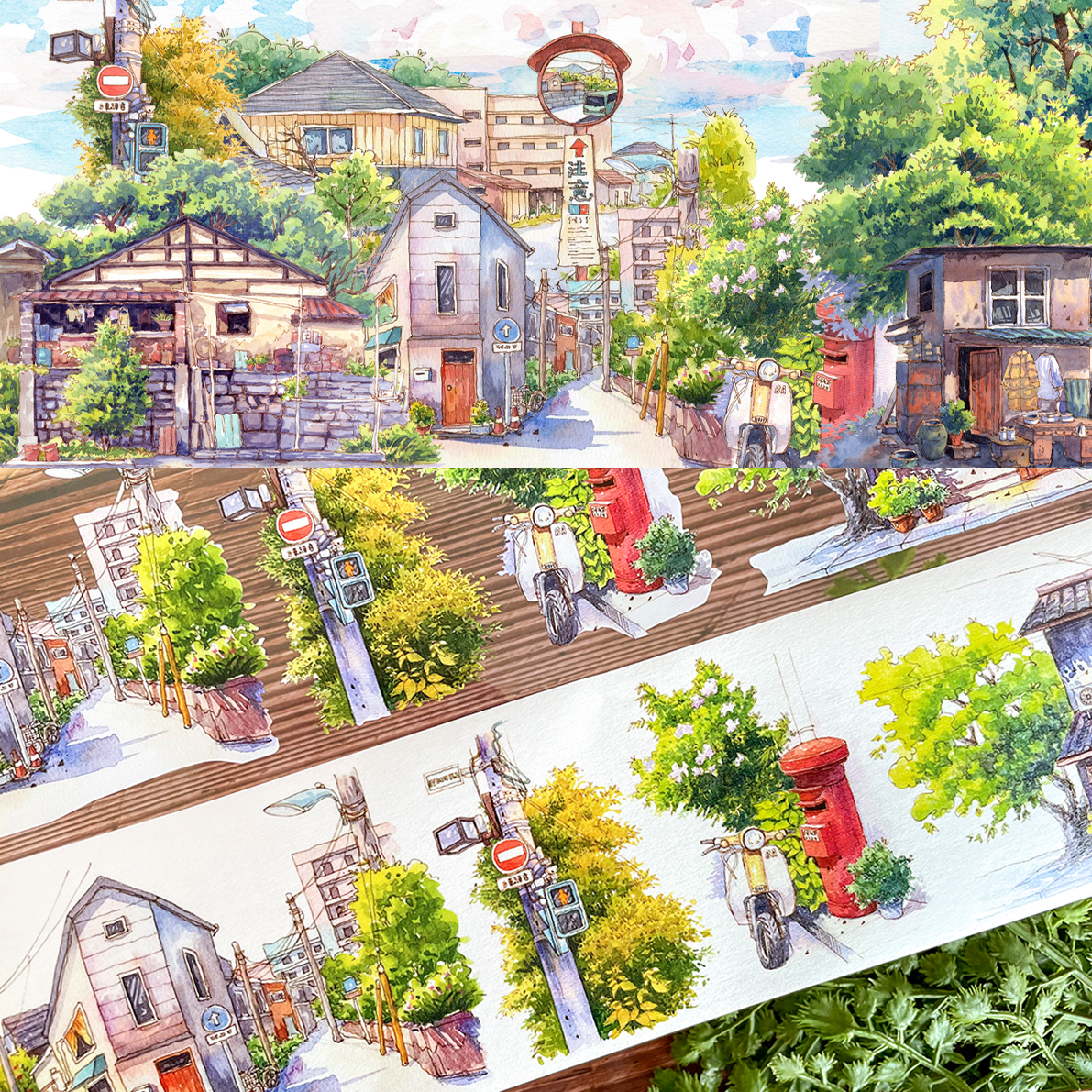 新款造景现货旷野池林NEW手帐和纸胶带PET风景房子树云朵建筑贴纸