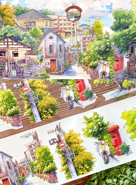 新款造景现货旷野池林NEW手帐和纸胶带PET风景房子树云朵建筑贴纸