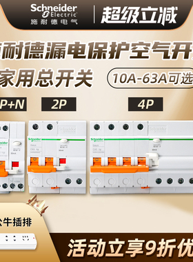 施耐德断路器空气开关 Easy9 家用空开总开关 2P63A带漏电保护器