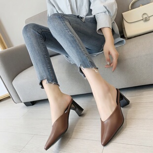 气质尖头浅口粗跟半拖小个子高跟鞋 春季 女2026新款 百搭试衣间拖鞋