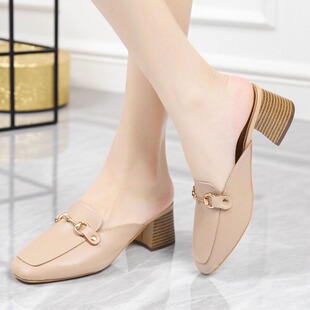 粗跟包头拖百搭试衣鞋 复古时尚 凉拖女夏外穿2026春秋新款 网红小码