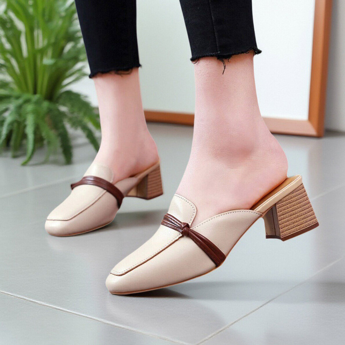 小码粗跟韩版方头百搭软皮半拖鞋