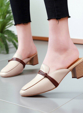 小码32码33穆勒鞋女粗跟懒人凉拖外穿时尚网红韩版软皮大码半拖鞋