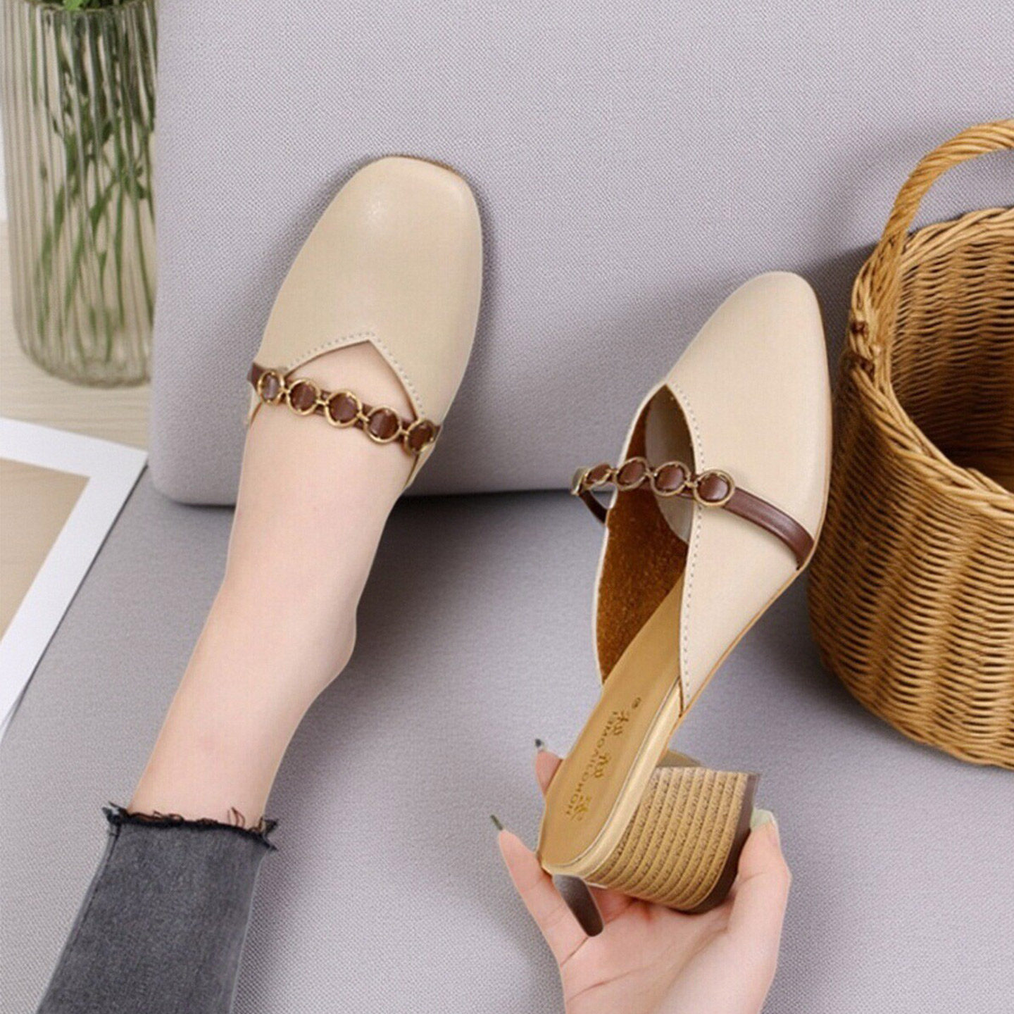 网红拖鞋女小码32码33粗跟穆勒鞋2026新款方头百搭软皮包头半拖鞋,女鞋,包头拖,淘宝优惠券,粉丝福利购,淘宝优惠卷