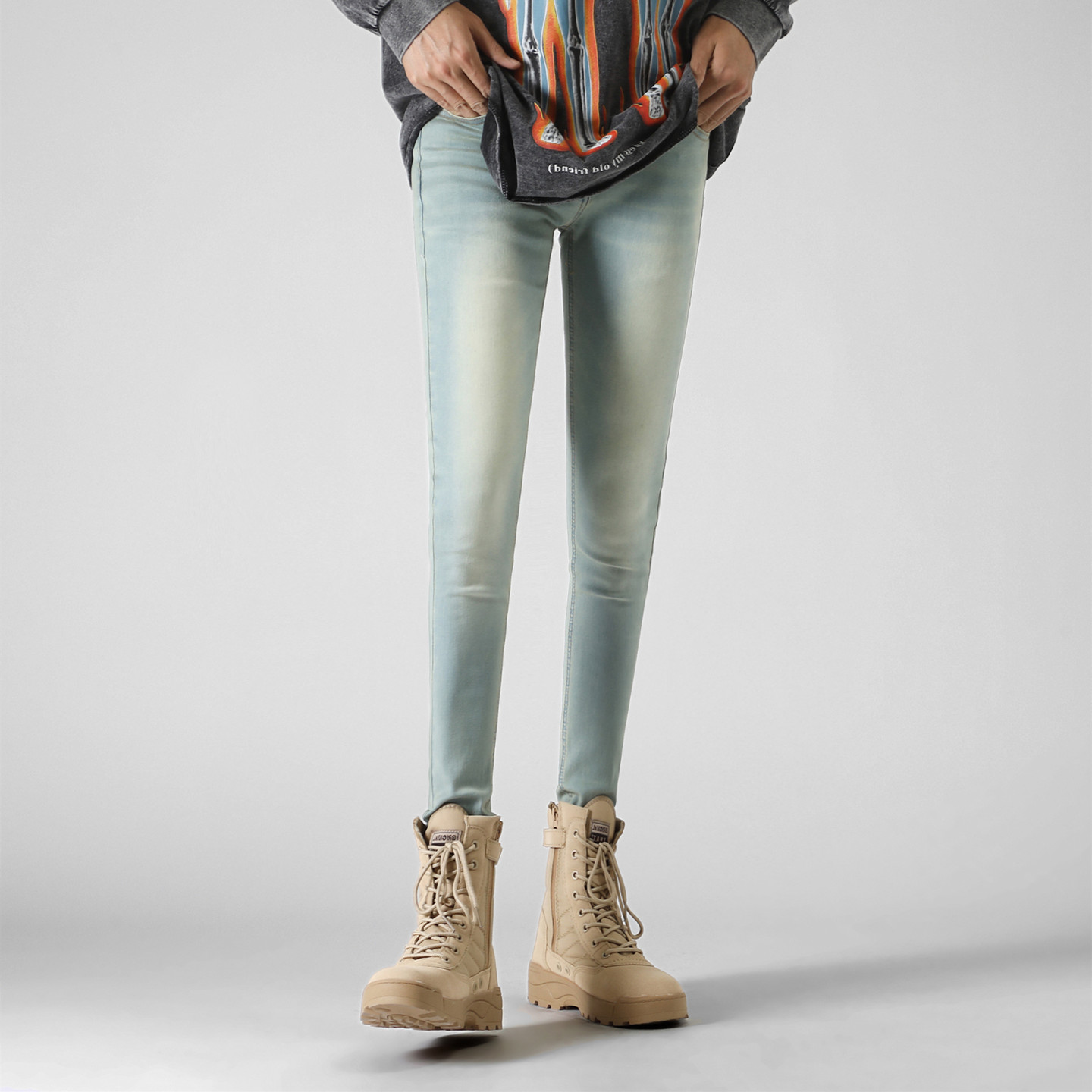 黄泥染颜色弹力面料小脚裤