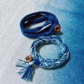 一澈扎染原创设计手工植物蓝染文艺时尚 棉线复古三圈纽扣手环手链