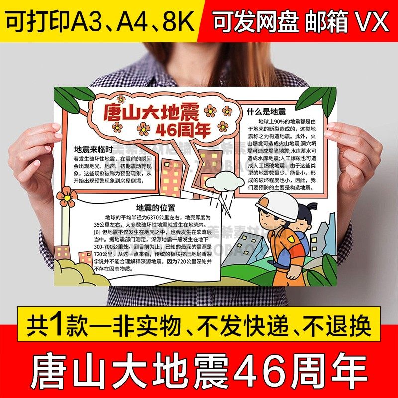 唐山大地震46周年手抄报小学生电子小报地震知识a4线描稿a3模板8k