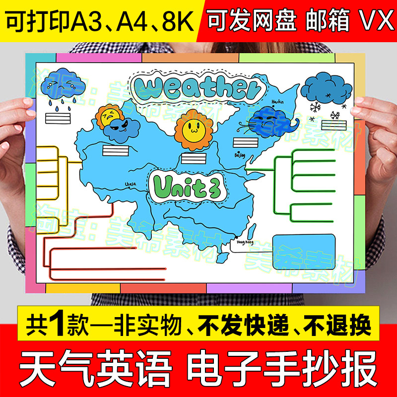 Weather英语手抄报电子版 四年级下册第三单元天气英文小报线稿8k
