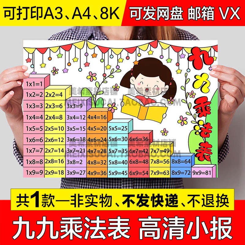 乘法口诀表儿童绘画手抄报九九乘法口诀表电子小报可涂色线稿模板