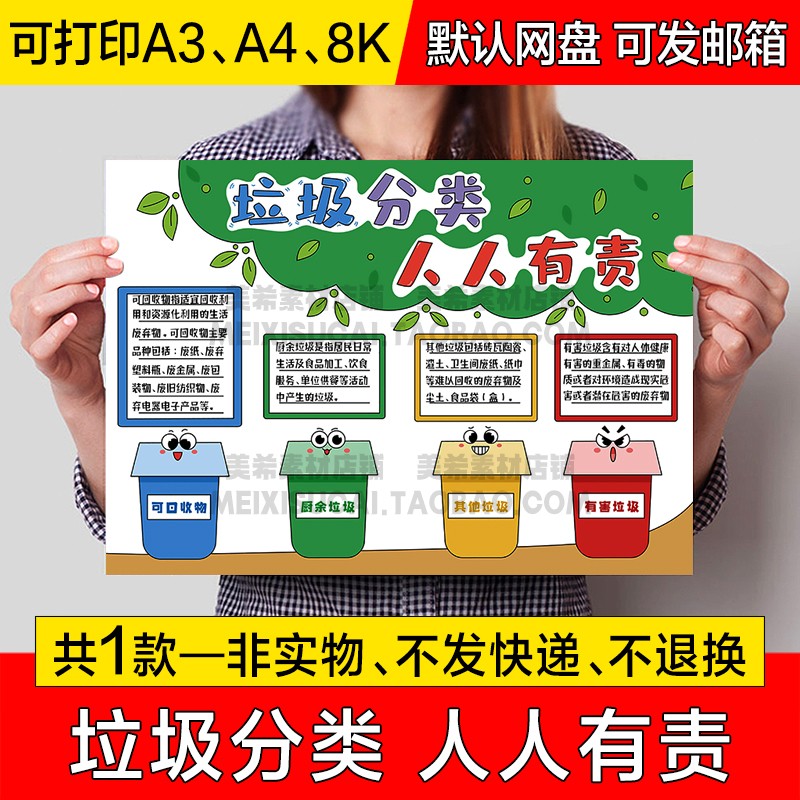 垃圾分类人人有责手抄报电子版小学生保护环境小报a4线稿a3模板8k