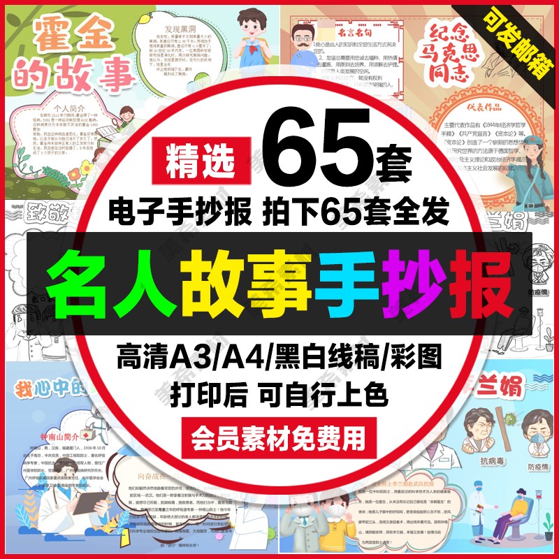 名人故事小报电子版小学生名人传记a4手抄报8k线稿a3模板word素材