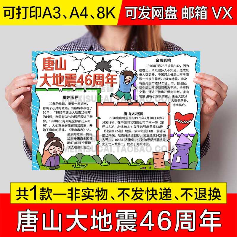 唐山大地震46周年手抄报中小学生电子小报地震知识a4线稿a3模板8k