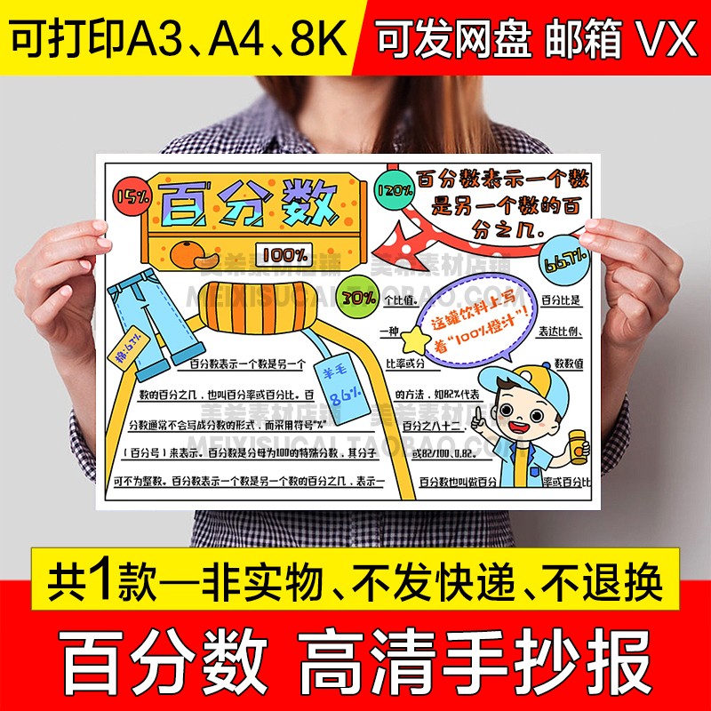 百分数手抄报模板电子版小学生趣味数学知识百分比小报黑白线稿a4