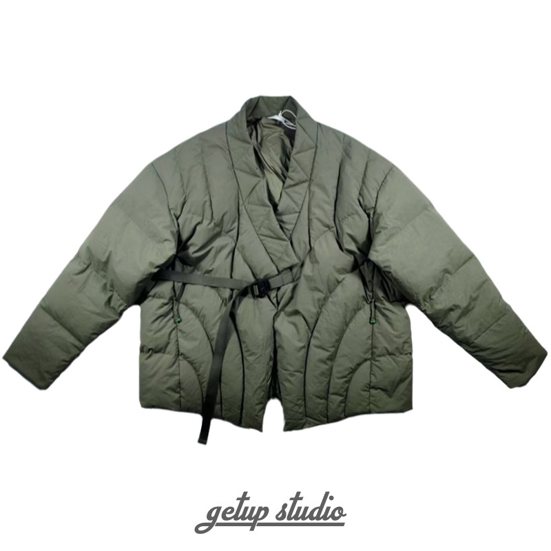 GETUP 设计师原创日系复古道袍式军绿色开衫羽绒服
