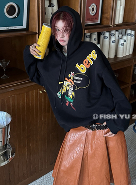 FISHYU正品26年新款慵懒风卡通印花泼墨宽松长短袖卫衣T恤女