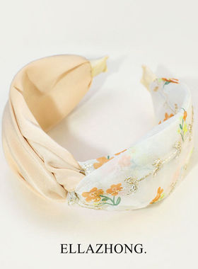 超仙奶杏黄色碎花发箍头箍宽版欧根纱甜美法式复古发卡小清新发饰