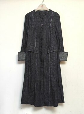 剪标玛丝家噢..姆棉黑灰色雪花点中长款风衣修身显瘦赫本风春秋B8