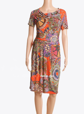 M兰Mo*el*ne折扣正品时尚印花收腰连衣裙2021春夏秋女款橘红色沐2