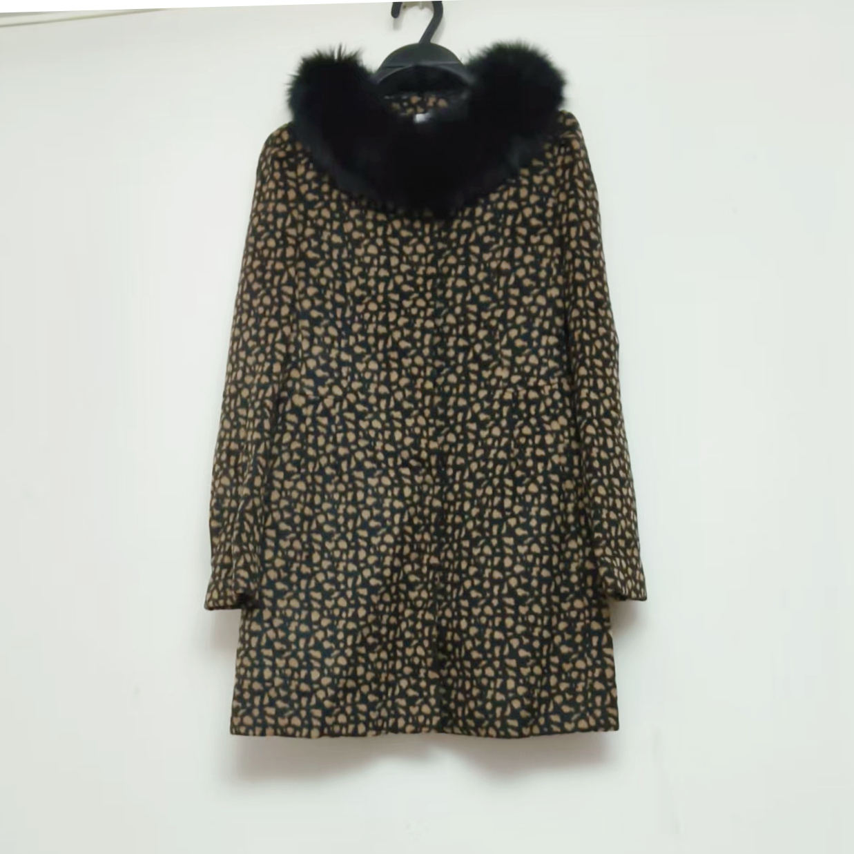 菲菲*拉p羊毛豹纹蓝狐毛领羊毛大衣修身型女咖啡色CS4