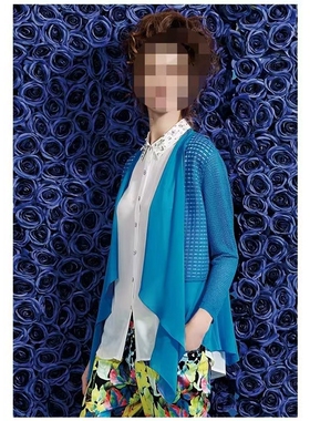 深圳品牌SE*EN长袖针织衫开衫外套2024夏蓝色白色格子女B5