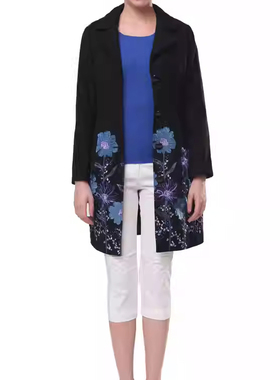 3折温莎D女装2025年春季绣花羊毛呢中长大衣外套修身黑色大码mxz