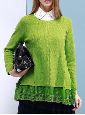 羊毛混纺拼蕾丝圆领长袖针织衫SE*EN绿色女装修身显瘦Bsg中