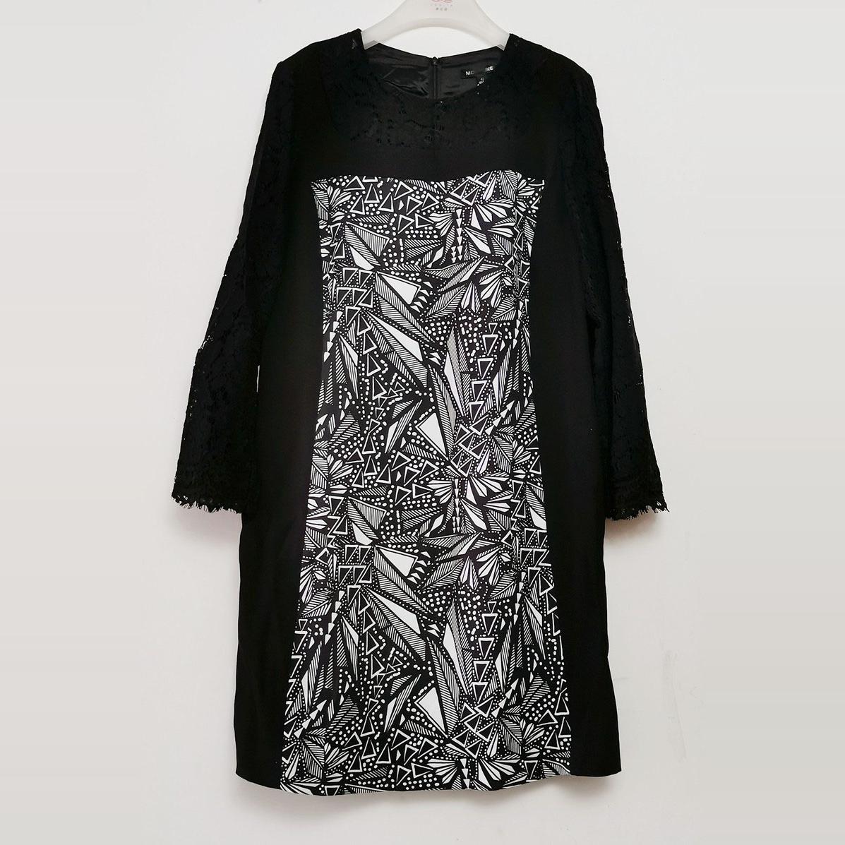 沐*MO*EL*E20215春秋蕾丝长袖印花直身梭织连衣裙沐系列黑白色ml2