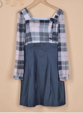 小清新品长袖连衣裙牛仔英伦风格子蓝色白色灰色2025春夏秋ZX24