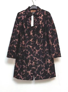 沐*兰9分袖立体提花风衣外套夹棉袄咖啡色底黑色花女2024春秋冬