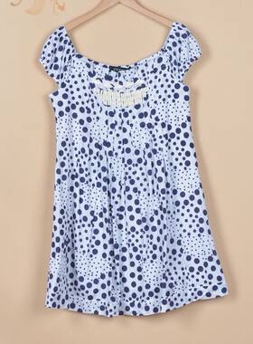 小清新品短袖连衣裙女夏全纯棉睡衣韩版深蓝色米白色圆点波点zx24