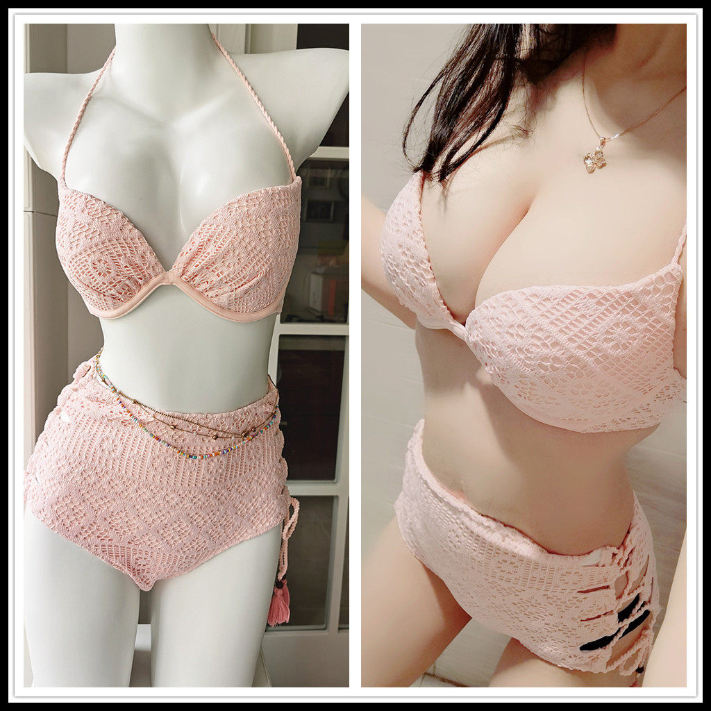 蕾丝显瘦聚拢高腰遮肚小胸分体沙滩黑色泳衣镂空比基尼三件套温泉