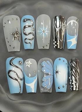 手工蛇纹蓝色蝴蝶ly2k千禧辣妹立体金属冰透蓝色高级感欧美穿戴甲