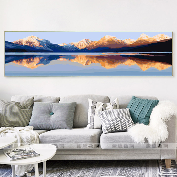 横版大幅手工绘山水风景diy数字油画客厅卧室填色油彩画招财靠山