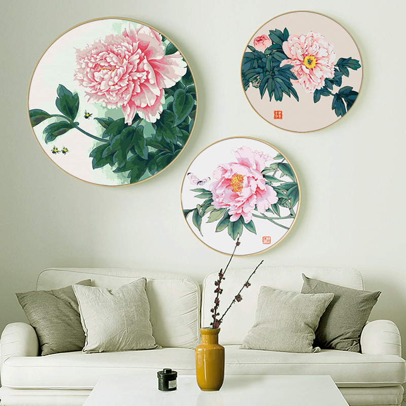 轻奢新中式圆形数字油画diy油彩画花卉花鸟牡丹花客厅卧室装饰画图片