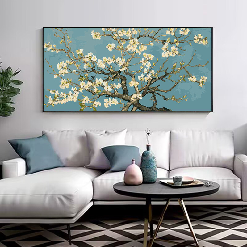 横版大幅梵高杏花DIY数字油画客厅背景墙卧室花卉装饰画 世界名画