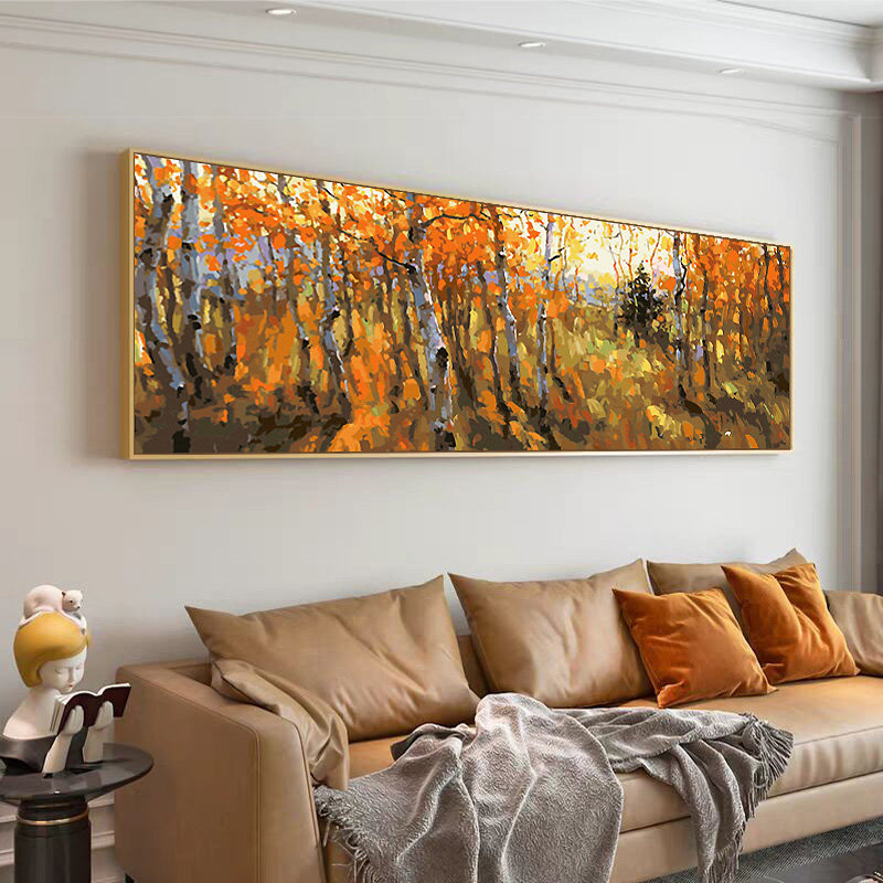 白桦林横版大幅DIY数字油彩画现代风景客厅卧室装饰画 暖调高级感