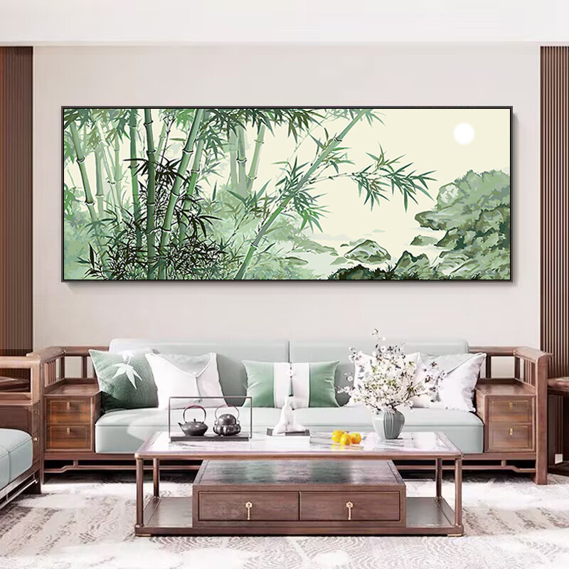 横版竹报平安DIY数字油画新中式客厅背景墙水墨装饰画 国风竹子画