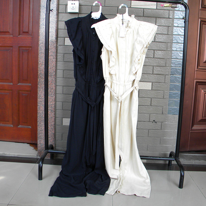 外贸进出口纯色夏季新款 荷叶边高腰系带连体裤女收腰显瘦长裤