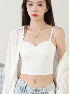 法式白色带胸垫小吊带背心女夏外穿内搭打底露脐上衣美背内衣夏季