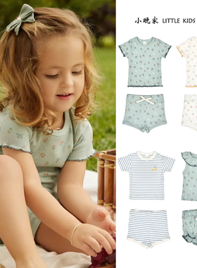 25春夏Tuntun男女童宝宝秘鲁棉蝴蝶印花短袖短裤背心套装甜美舒适