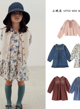 25秋冬EM女童法式复古刺绣打揽衬衫连衣裙田园风碎花裙子小清新
