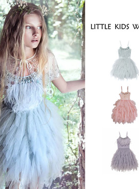 23春夏女童网纱连衣裙吊带长裙舞会派对生日裙子羽毛亮片蓬蓬裙