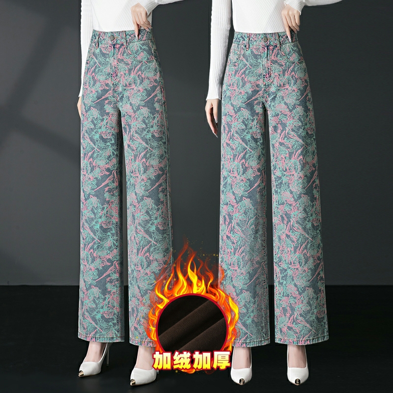 印花阔腿牛仔裤女加绒加厚冬季